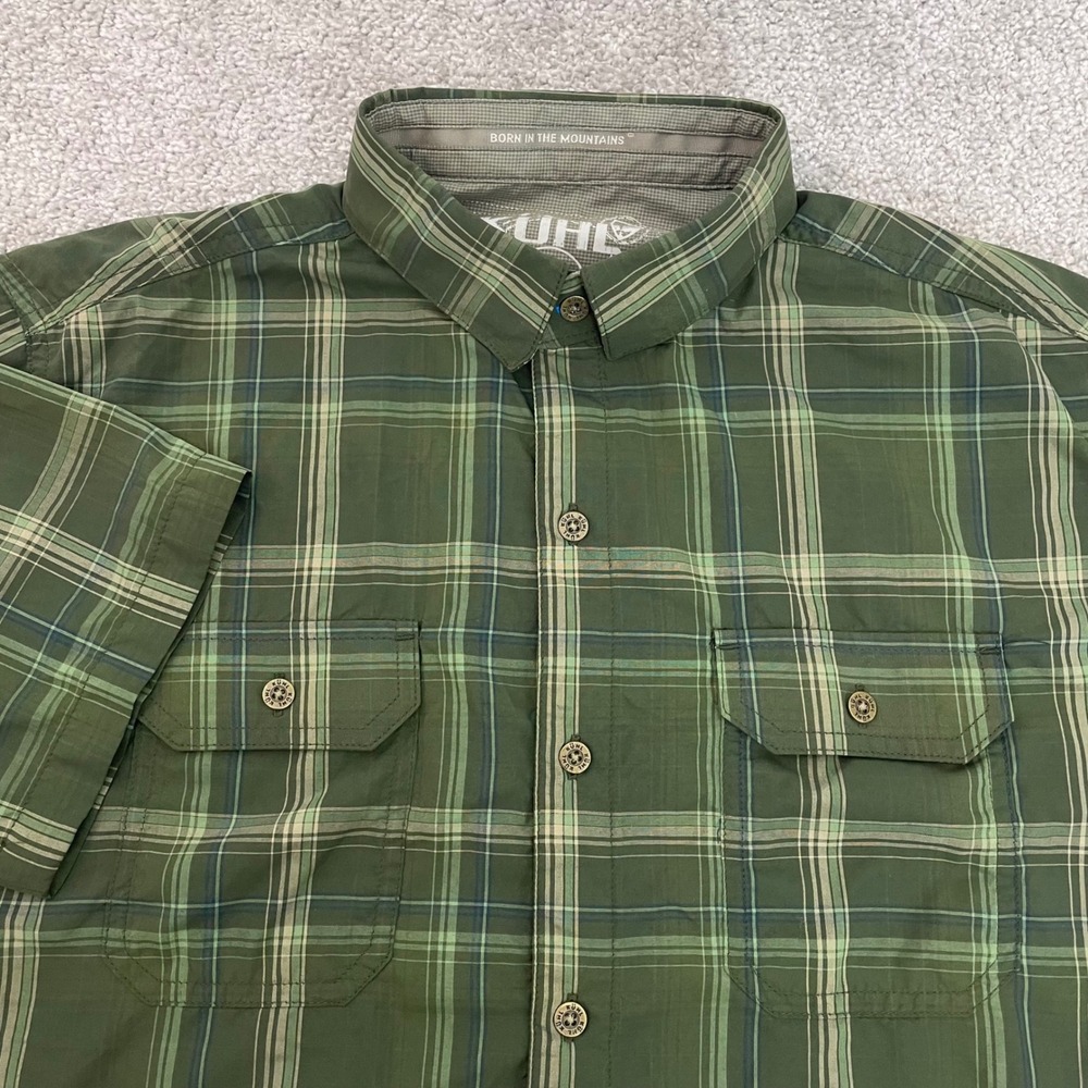 Kuhl Mens Small ELUXUR Green Plaid Button-Down Short Sleeve Shirt Lightweight